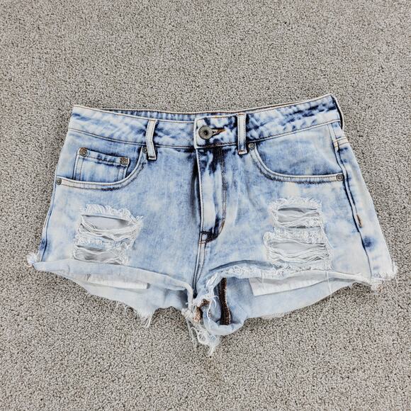 Bullhead Pants - Bullhead Womens High Rise Shorts 5 Blue Light Wash Denim Distressed Hot Pants